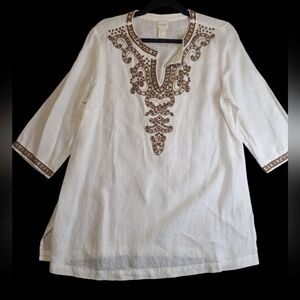 Chicos 100% Linen Beaded White Tunic Top Size 1 Petite